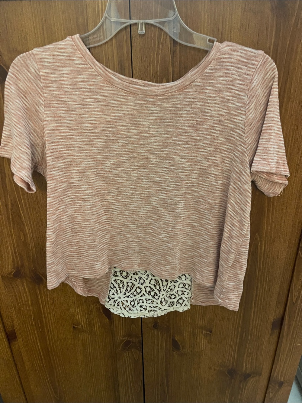 Women's Pink Short Sleeve Knit Top with Lace Hem